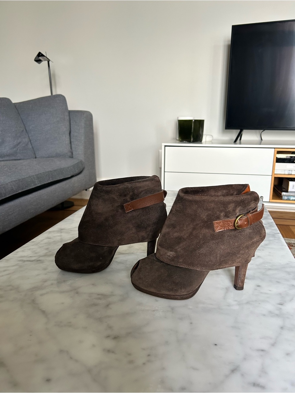 Michel Perry Dark Brown Suede Ankle Booties with Buckle Strap
